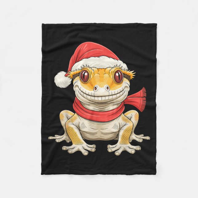 Cute Christmas Crested Gecko Santa  Fleece Blanket (Front)