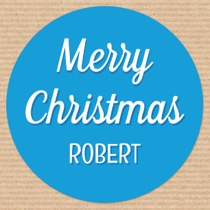 Cute Christmas Custom Kids Name Typography Blue Classic Round Sticker