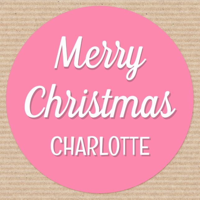 Cute Christmas Custom Kids Name Typography Pink Classic Round Sticker (Creator Uploaded)