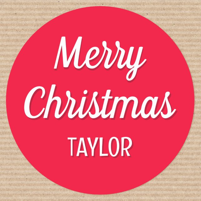 Cute Christmas Custom Kids Name Typography Red Classic Round Sticker (Creator Uploaded)
