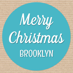 Cute Christmas Custom Kids Name Typography Teal Classic Round Sticker