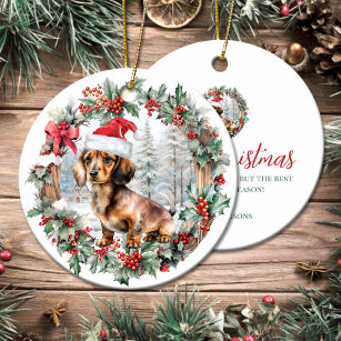 Cute Christmas dachshund dog puppy Santa hat Ceramic Tree Decoration