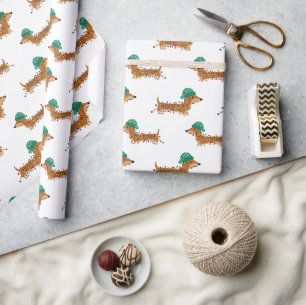 Cute Christmas Dachshund in Beanie & Lights Wrappi Wrapping Paper