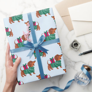 Cute Christmas Dachshund in Green Sweater Blue Wrapping Paper