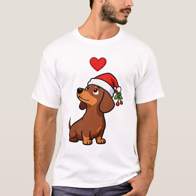 Cute Christmas Dachshund Santa Hat Holiday Dog T-Shirt (Front)