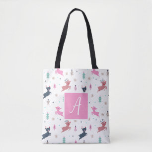 Cute Christmas Deer And Trees  Monogram White Tote Bag
