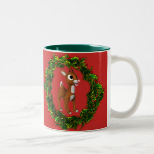 Cute Christmas Deer and Wreath Two-Tone Coffee Mug