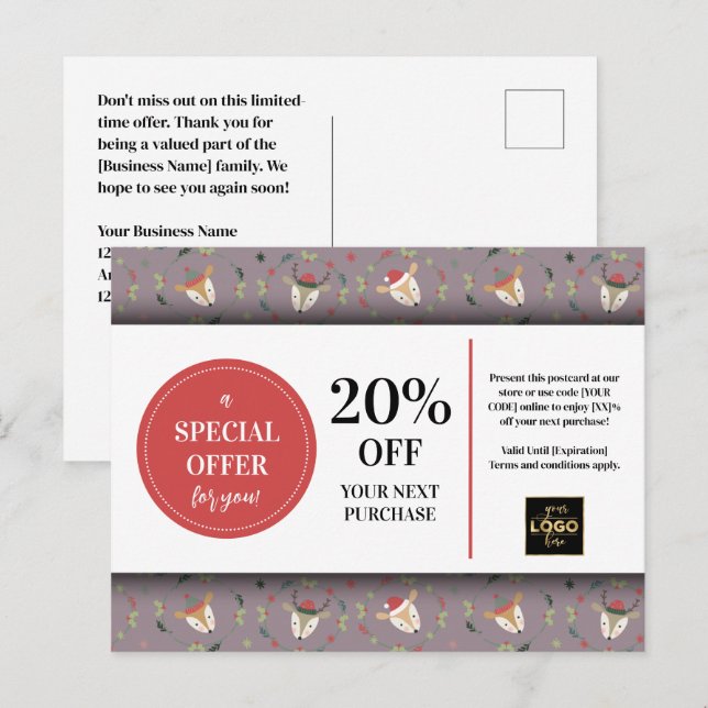 Cute Christmas Deer Custom Coupon Discount  Postcard (Front/Back)