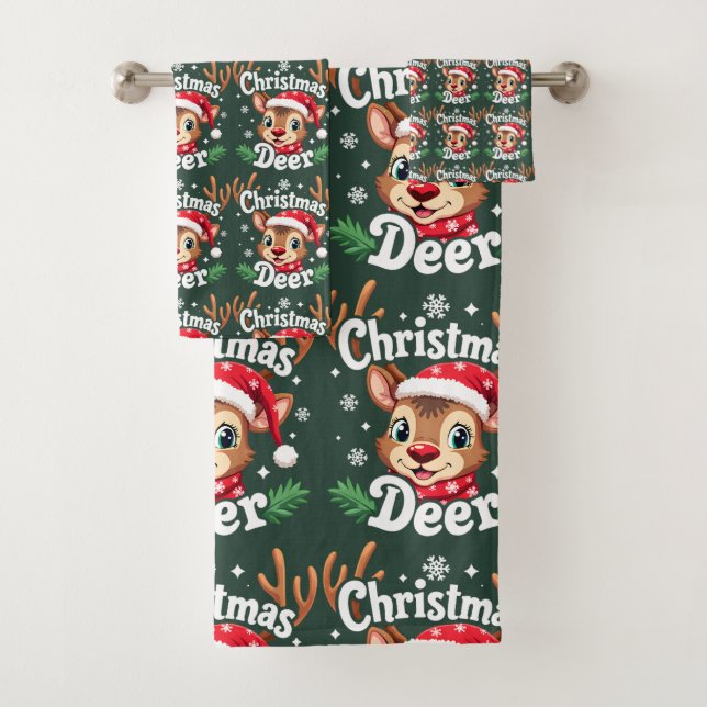 Cute Christmas Deer Illustration Bath Towel Set (Insitu)