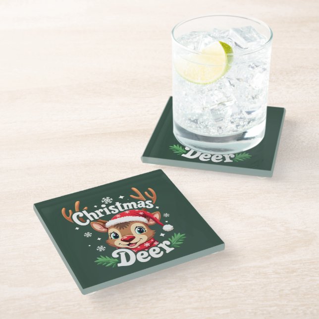 Cute Christmas Deer Illustration Glass Coaster (Angled)