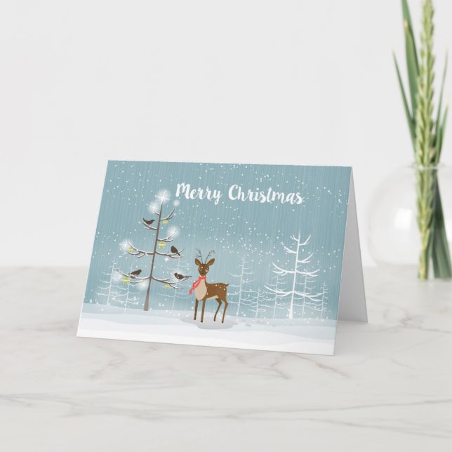 Cute Christmas Deer In The Snowy Woods Holiday Card (Front)