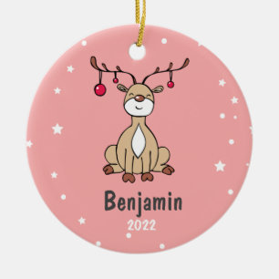 Cute Christmas Deer Kids Personalised  Ceramic Tree Decoration