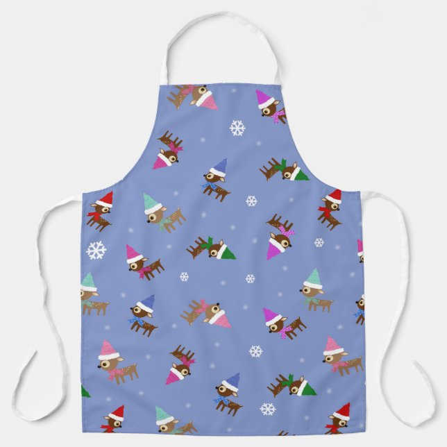 Cute Christmas Deer Pattern On Light Blue Apron (Front)