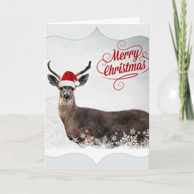 Cute Christmas Deer Wearing Santa Hat Holiday Card (Front)