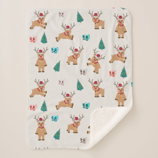 Cute Christmas Deer Xmas Gifts & Tree Pattern Sherpa Blanket (Front)
