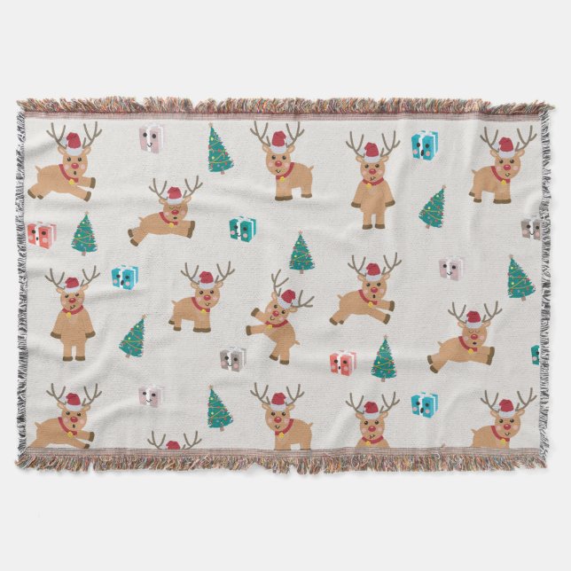 Cute Christmas Deer Xmas Gifts & Tree Pattern Throw Blanket (Front)