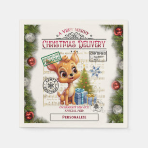 Cute Christmas Delivery Baby Reindeer Personalise Napkin