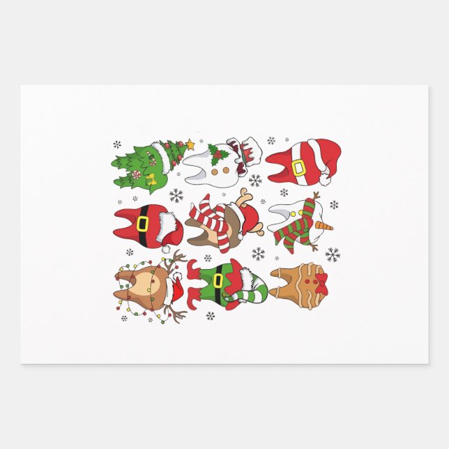 Cute Christmas Dental Tooth Characters Fun Holiday Wrapping Paper Sheet (Front)