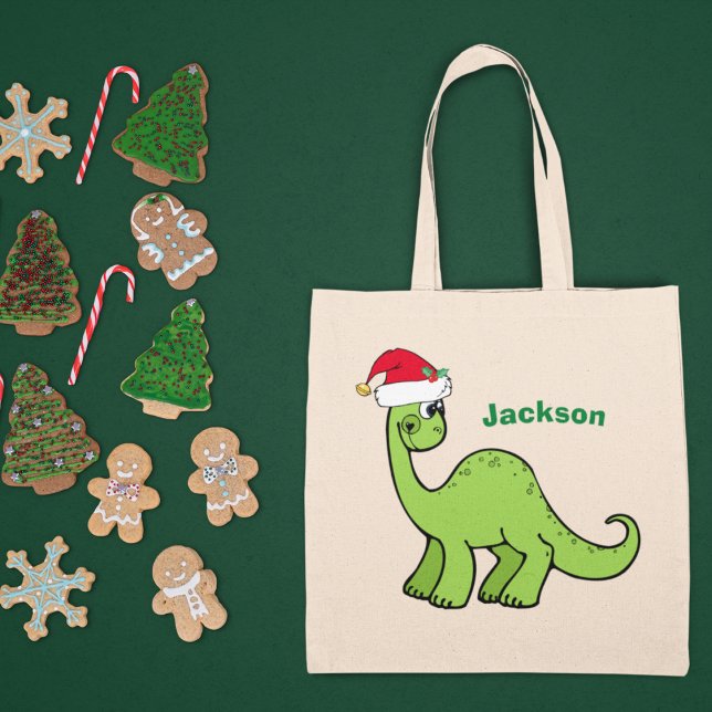 Cute Christmas Dinosaur Custom Green Kids Name Tote Bag (Creator Uploaded)