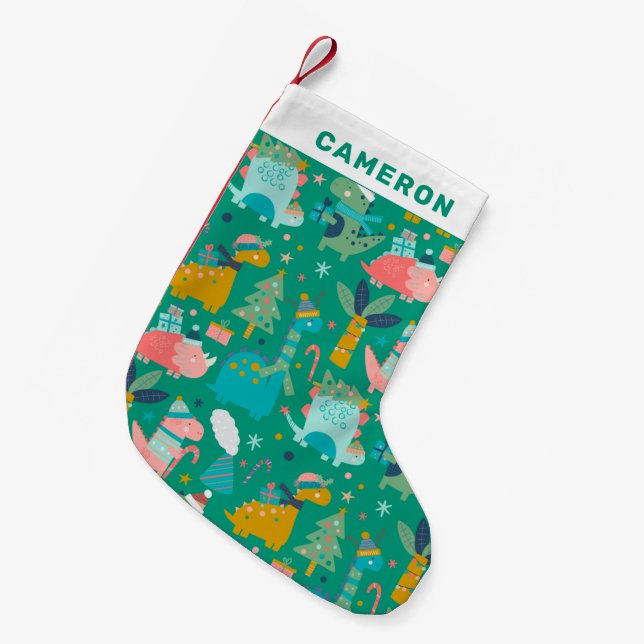 Cute Christmas Dinosaur Pattern Green Personalised Small Christmas Stocking (Front (Hanging))