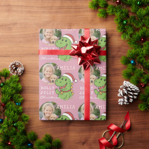 Cute Christmas Dinosaur Photo Kids Wrapping Paper
