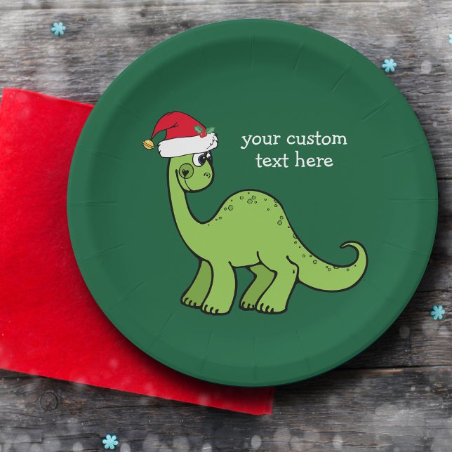 Cute Christmas Dinosaur Santa Custom Green Party Paper Plate (Creator Uploaded)