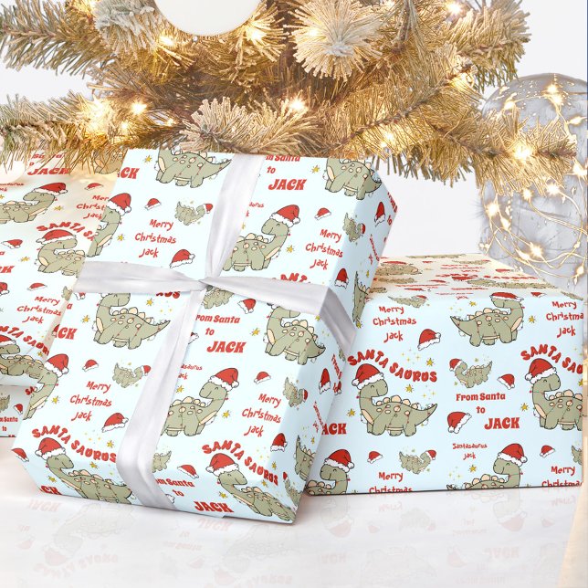 Cute Christmas Dinosaur Santasaurus Blue Name Wrapping Paper (Cute Christmas Dinosaur Santasaurus Blue Name Wrapping Paper)