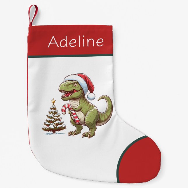 Cute Christmas dinosaur with candy cane Small Christmas Stocking (Front)
