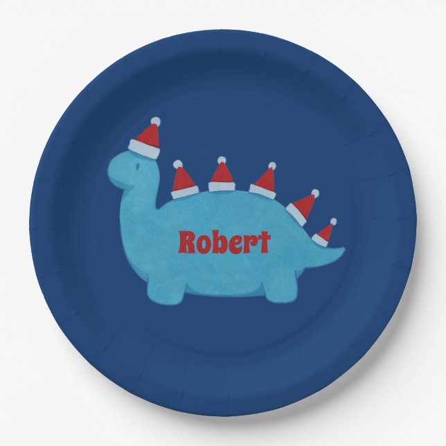 Cute Christmas Dinosaurs Festive Holiday Name Paper Plate (Front)