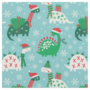 Cute Christmas Dinosaurs on blue Fabric