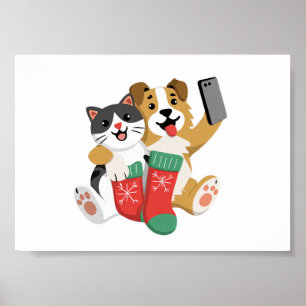 Cute Christmas Dog and Cat Selfie – Funny Holiday Poster