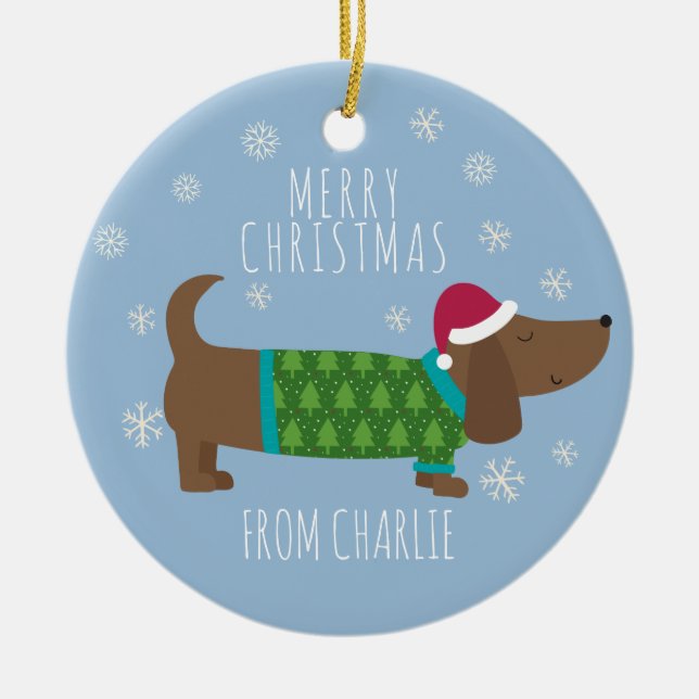 Cute Christmas Dog Photo Ceramic Tree Decoration (Front)