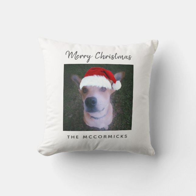 Cute Christmas Dog Photo Family Personalised Name Cushion (Front)