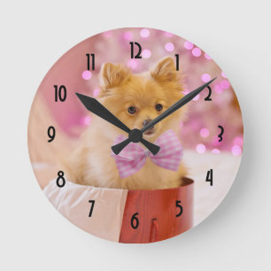 Cute Christmas Dog Photo with Pink Bow & Tree Round Clock