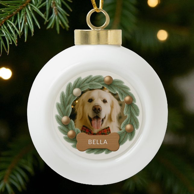 Cute Christmas Dog Photo Wreath Name Holiday  Ceramic Ball Christmas Ornament (Creator Uploaded)