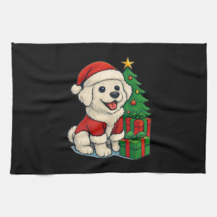 Cute Christmas Dog, Santa Hat Dog, With Christmas  Tea Towel