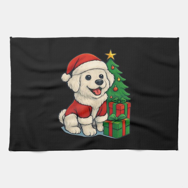 Cute Christmas Dog, Santa Hat Dog, With Christmas  Tea Towel (Horizontal)