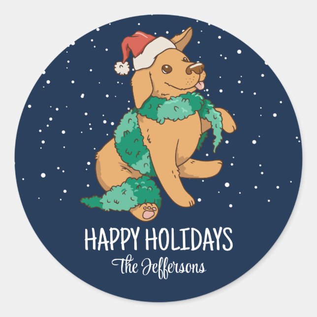 Cute Christmas Dog Santa Snowy Winter Holiday Classic Round Sticker (Front)