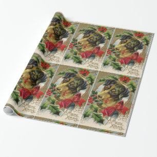 CUTE CHRISTMAS DOG WITH RED BOW AND HOLLYBERRIES WRAPPING PAPER