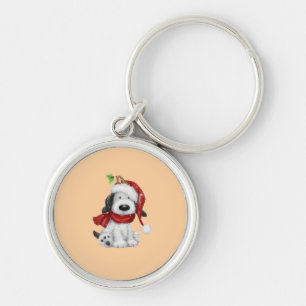 Cute Christmas Dog with Santa Hat & Scarf Key Ring