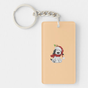 Cute Christmas Dog with Santa Hat & Scarf Key Ring