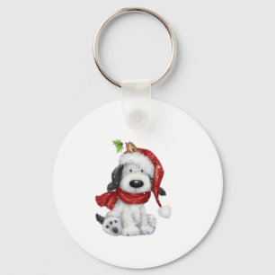 Cute Christmas Dog with Santa Hat & Scarf Key Ring