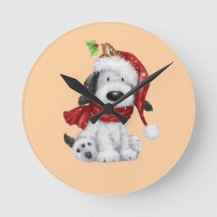 Cute Christmas Dog with Santa Hat & Scarf Round Clock
