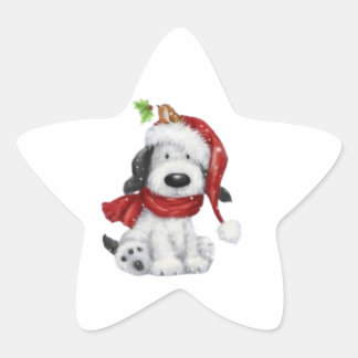 Cute Christmas Dog with Santa Hat & Scarf Star Sticker