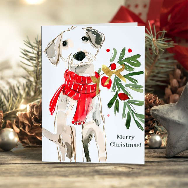 Cute Christmas Dog with Scarf and Greenery Holiday Card (Creator Uploaded)