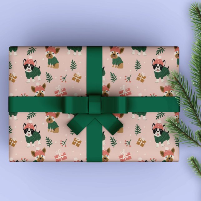 Cute Christmas Doggies with cosy sweaters Pink  Wrapping Paper (Pink Christmas wrapping paper featuring cute dogs with cozy sweaters and knitted beanies)