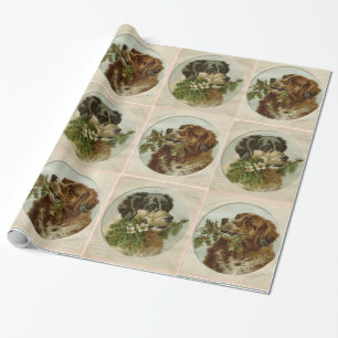 CUTE CHRISTMAS DOGS,HOLLYBERRIES ,WINTER FLOWERS WRAPPING PAPER