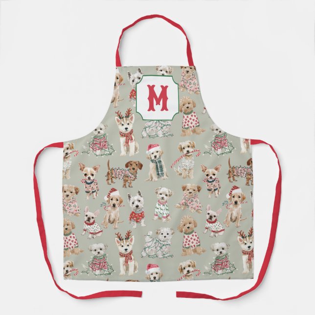 Cute Christmas Dogs Monogram Apron (Front)
