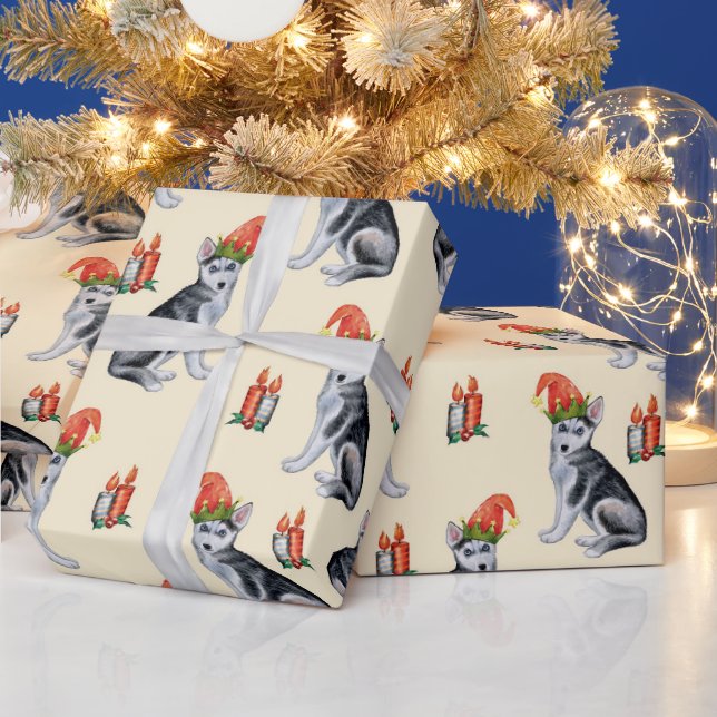 Cute Christmas Dogs with Santa Hats Holly Candles Wrapping Paper (Holidays)