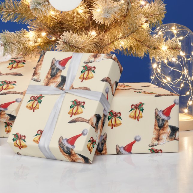 Cute Christmas Dogs with Santa Hats Jingle Bells Wrapping Paper (Holidays)